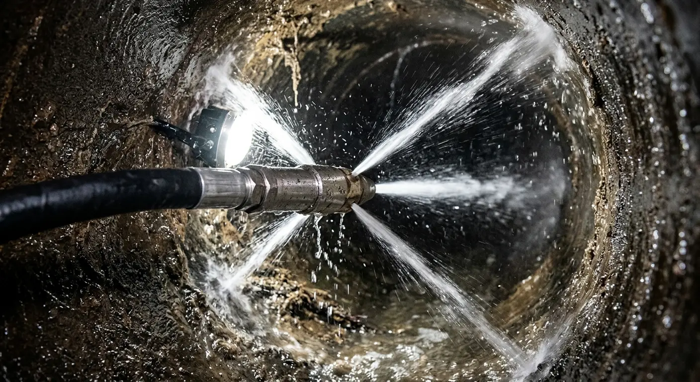 High-pressure hydro jetting nozzle cleaning sewer pipe for Trenchless Sewer Repair in Warrington
