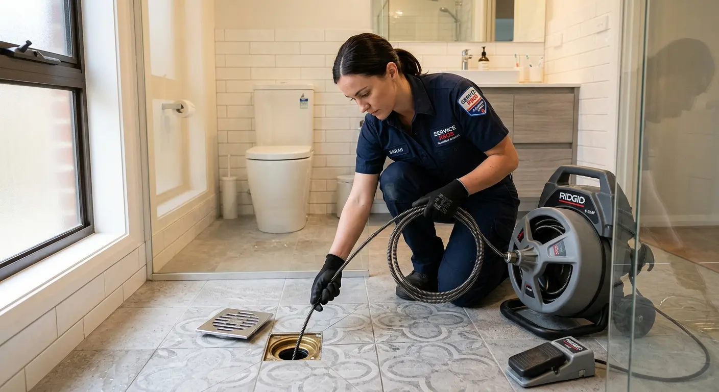 Technician clearing a bathroom floor drain for Sewer Line Replacement in Warrington